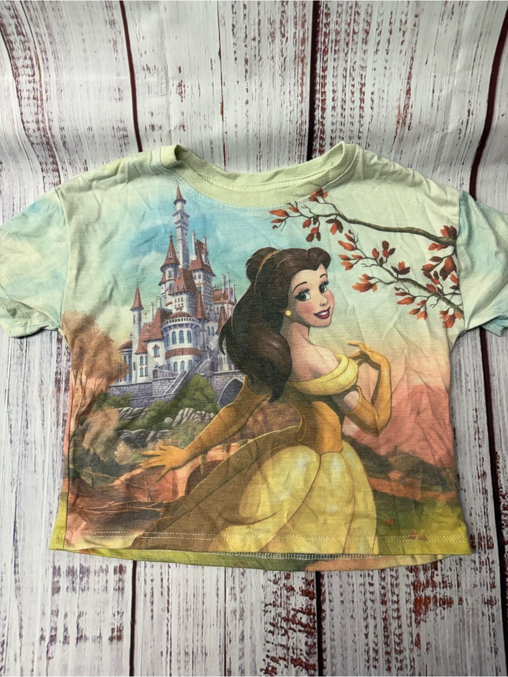 Disney Belle Yellow and Light Blue Castle Graphic Tee